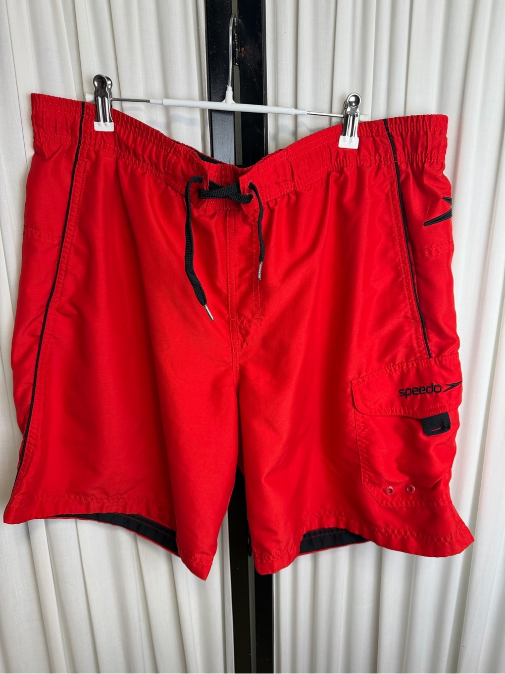 Speedo Red Men's Swim Trunks with Cargo Pocket and Black Trim